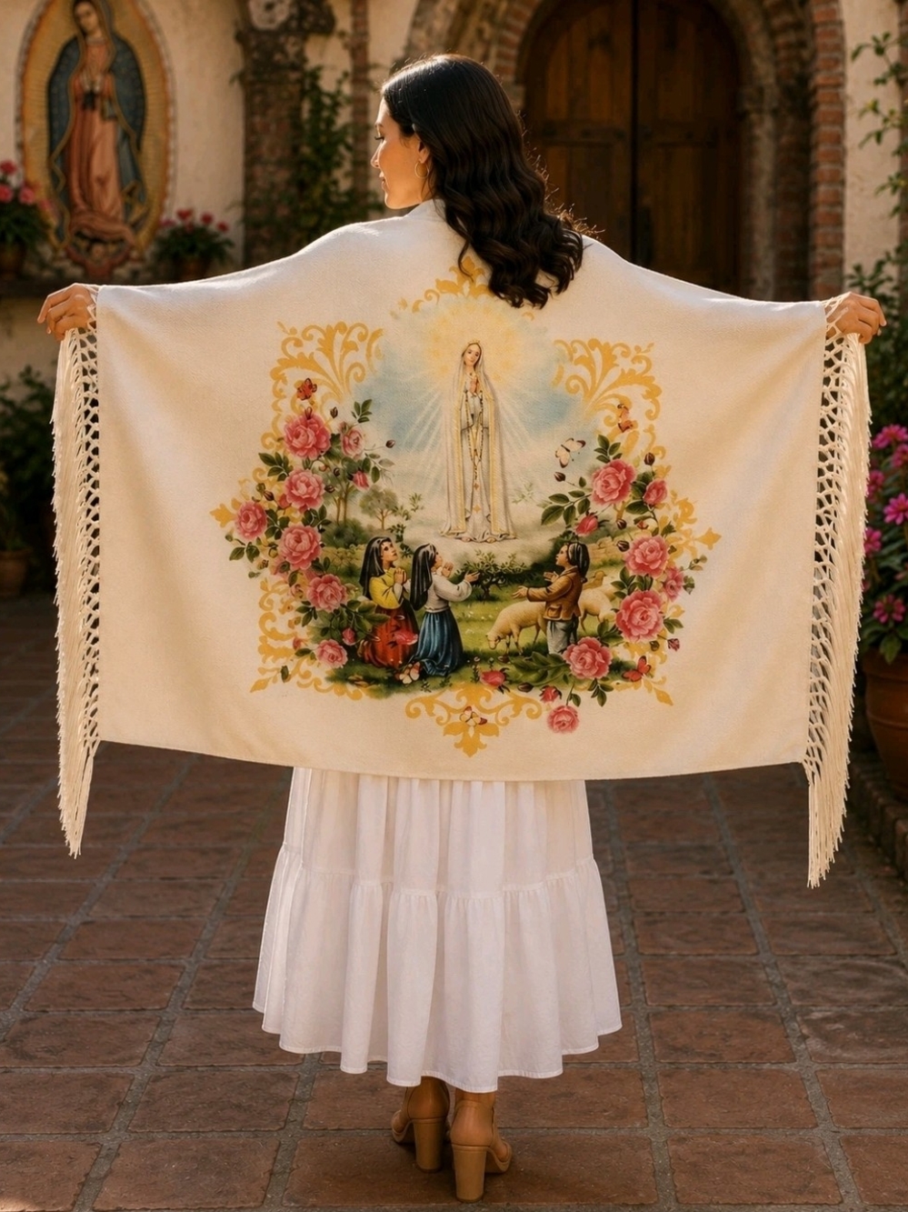 Our Lady Of Fatima - Religious Rebozo -shawl -pashmina-  wrap beige & Pink